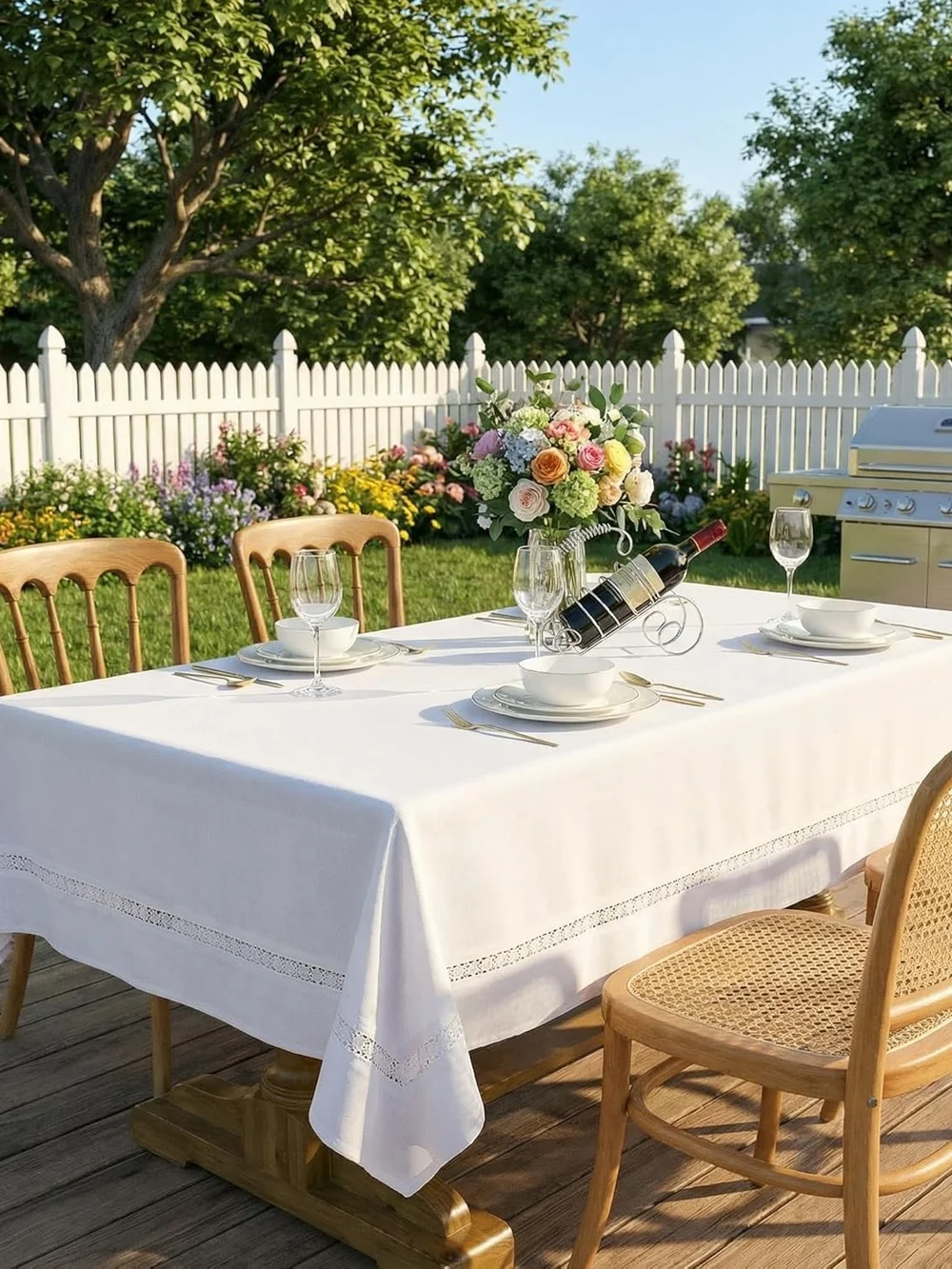 EHouseHome Heavy Duty Fabric Tablecloth with White Lace 60 x 84Inch